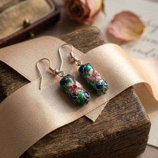 Vintage Style Cloisonné Enamel Floral Cylinder Drop Earrings Green Blue Pink