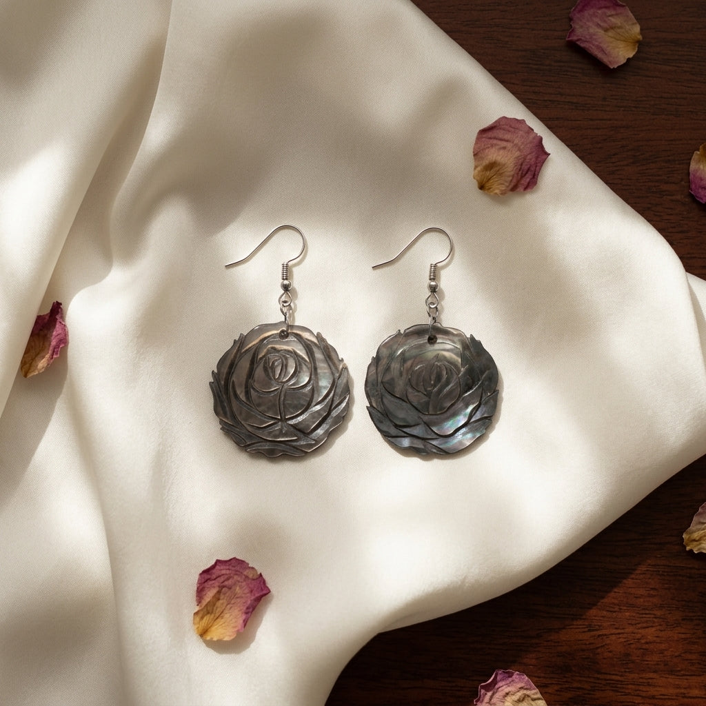 Vintage Style Carved Floral Shell Dangle Earrings Dark Grey Silver Tone