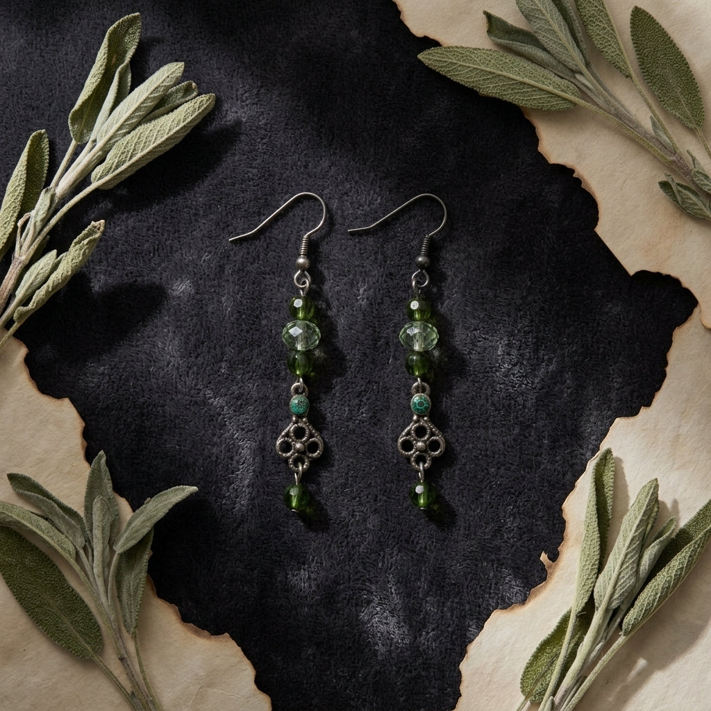 Green Beaded Dangle Drop Earrings Vintage Silver Tone Boho Fashion Jewellery
