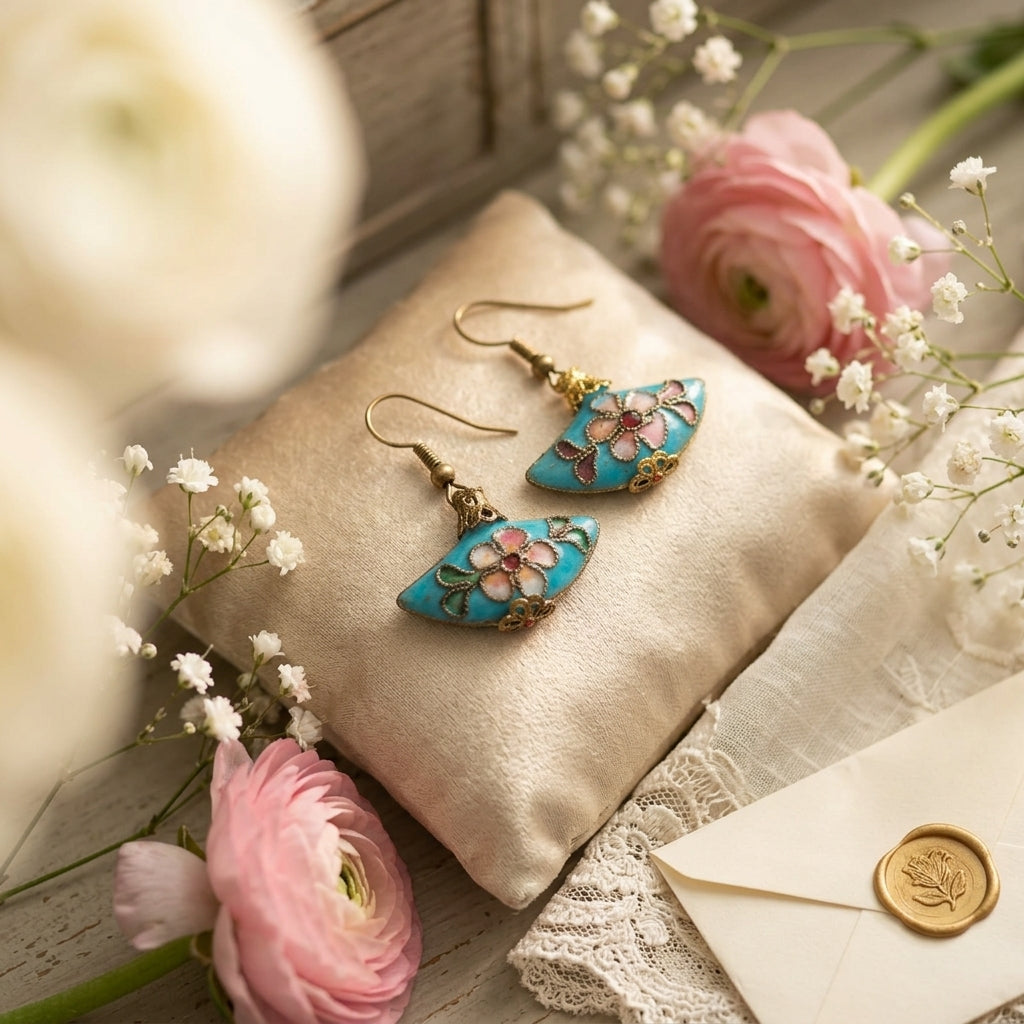 Vintage Style Cloisonne Enamel Fan Earrings Turquoise Blue Floral Gold Tone