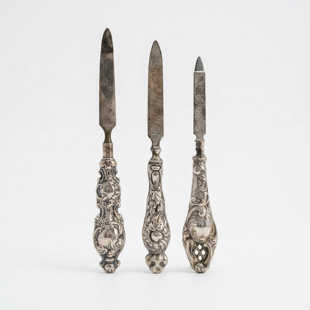 Antique Edwardian Sterling Silver Nail Files Set Three Ornate Floral Handles