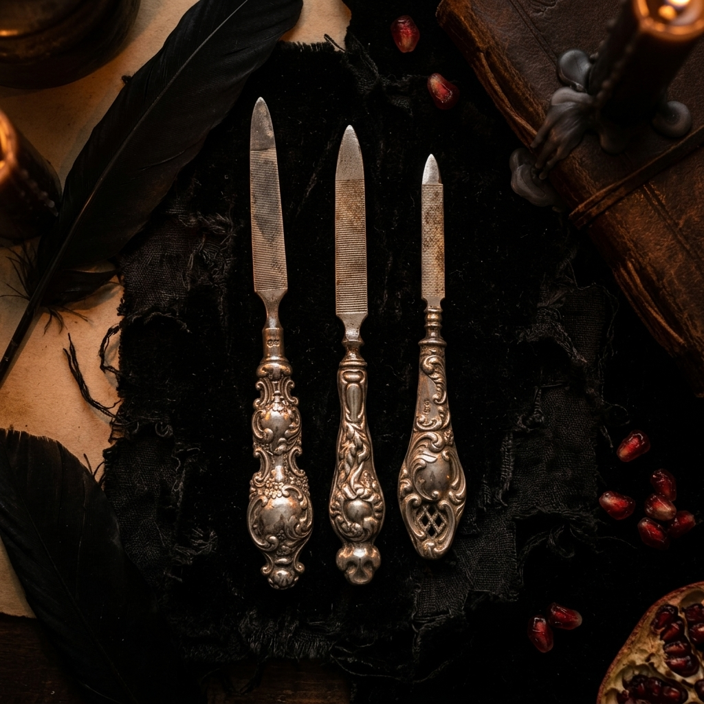 Antique Edwardian Sterling Silver Nail Files Set Three Ornate Floral Handles