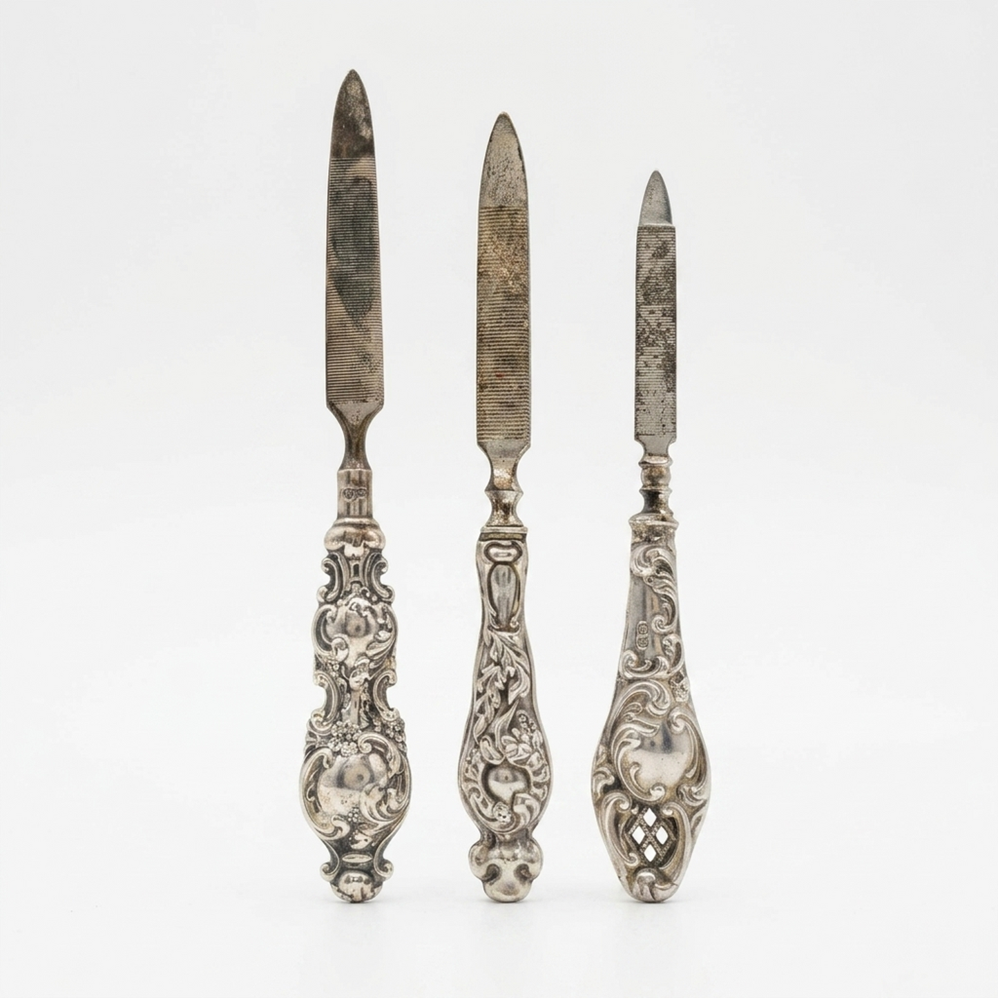 Antique Edwardian Sterling Silver Nail Files Set Three Ornate Floral Handles