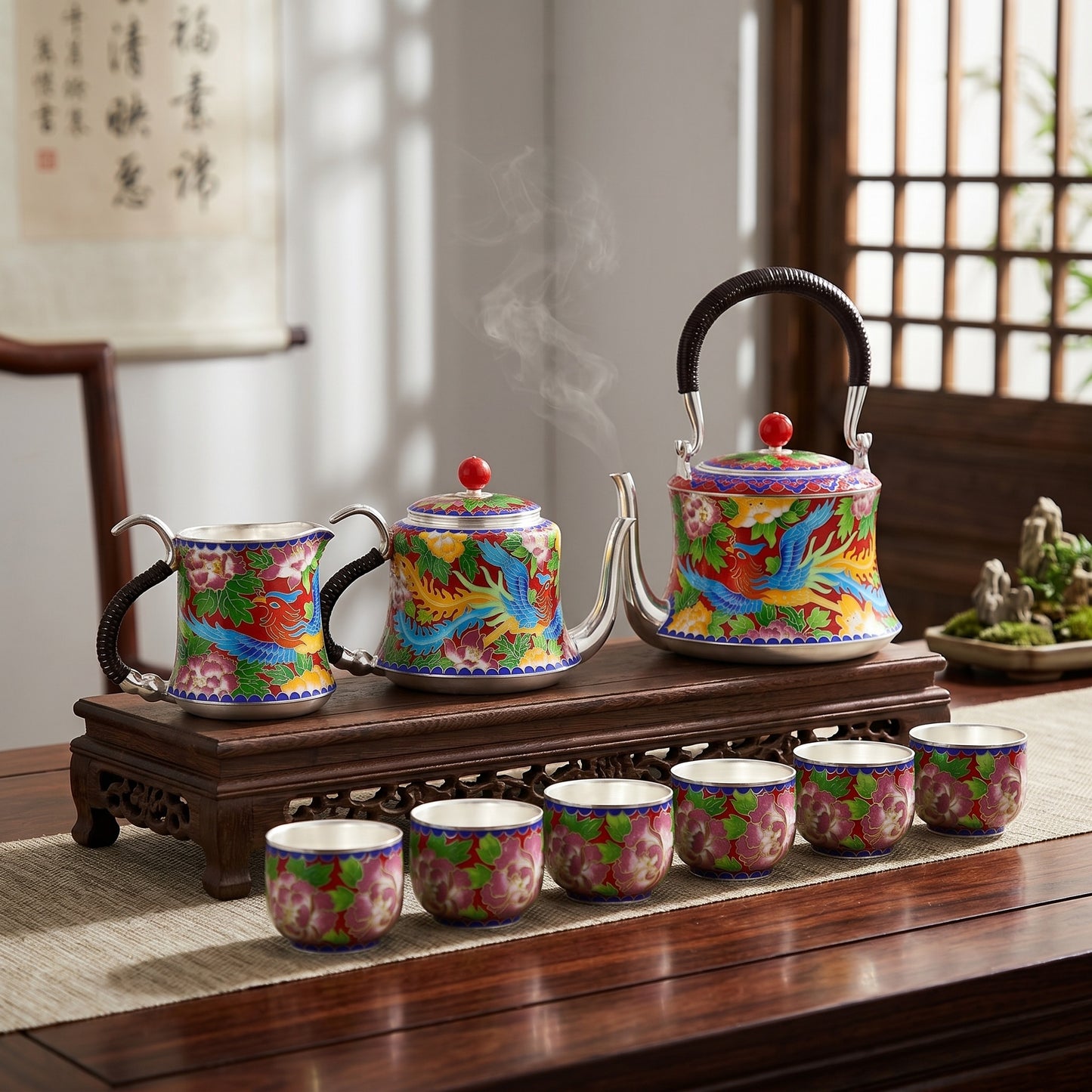925 Sterling Silver Enamel Phoenix & Dragon Teapot Set
