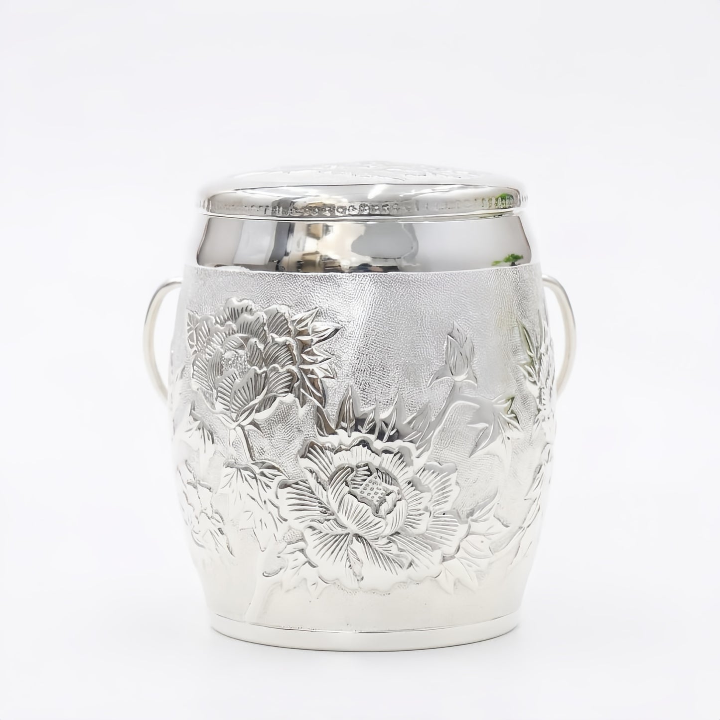 Peony Embossed Silver Decorative Jar with Handles