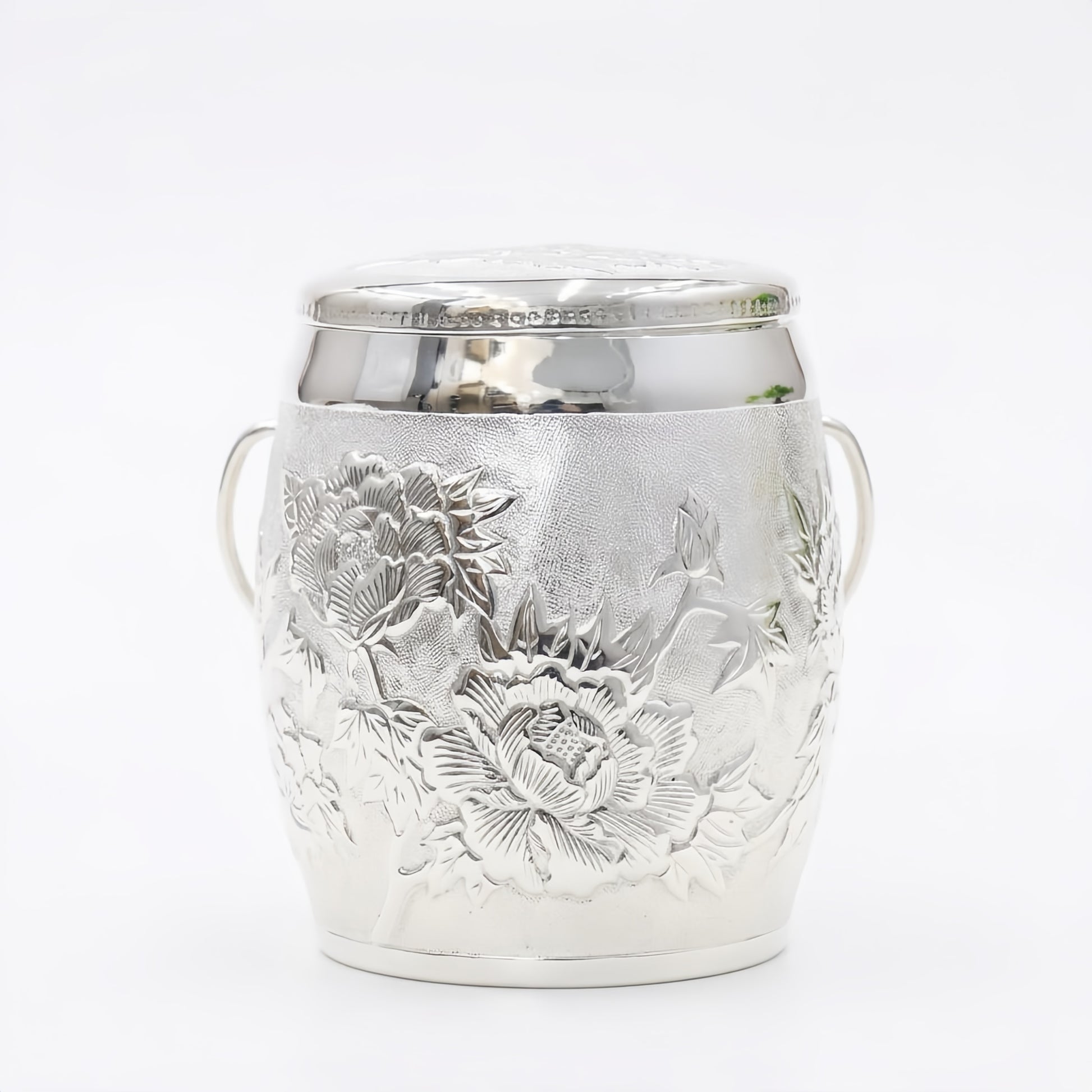 Peony Embossed Silver Decorative Jar with Handles