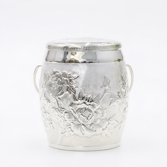Pure 999 Fine Silver Elegant Peony Embossed Decorative Jar with Lid and Dual Handles - Handicraft