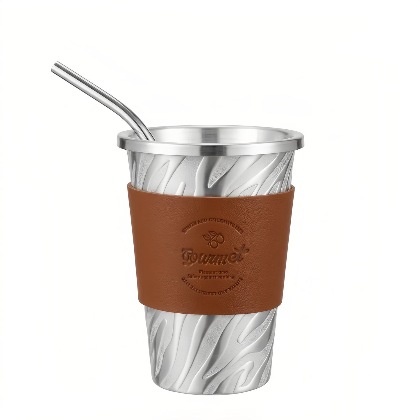 Stainless steel tumbler shown with its matching reusable stainless steel straw