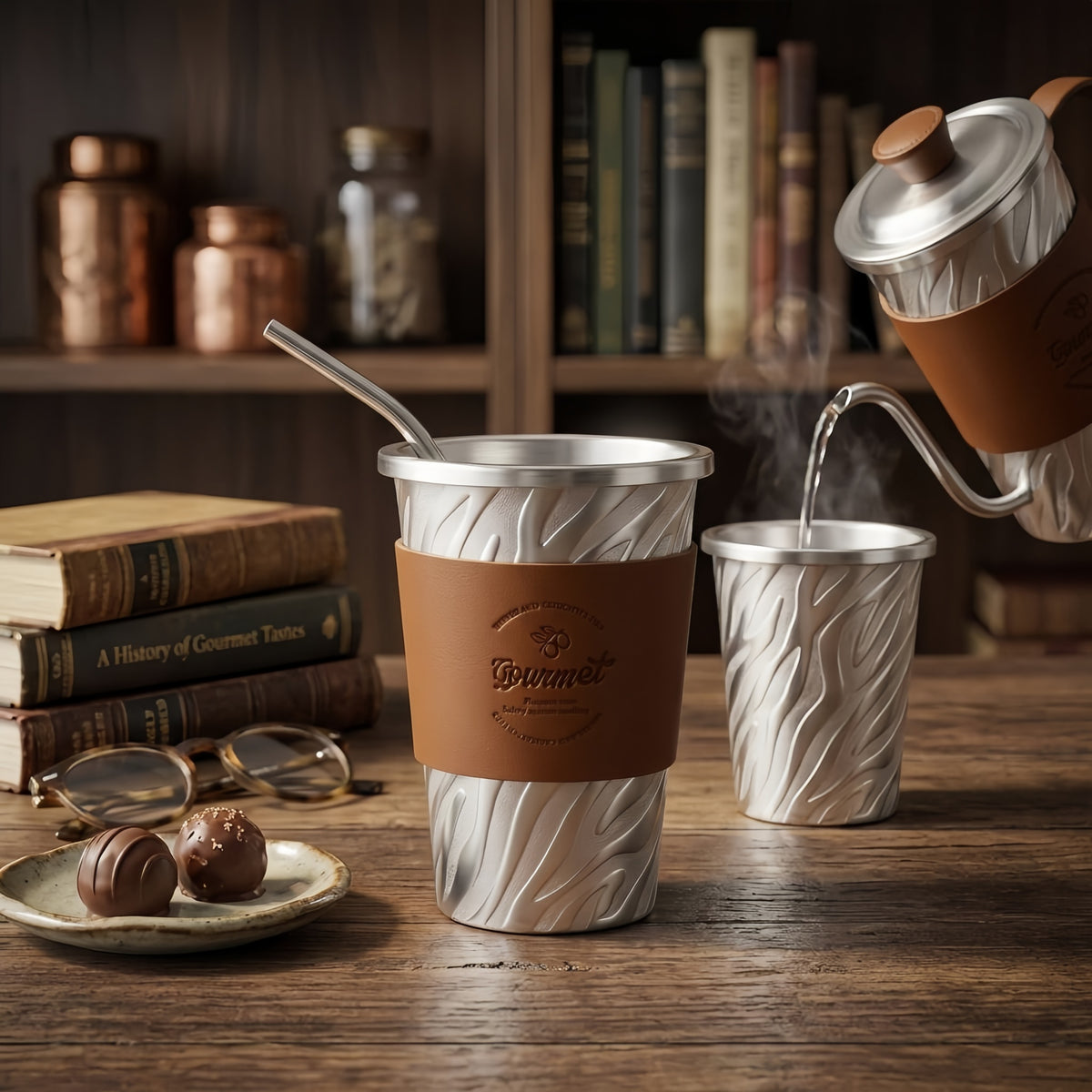 Textured stainless steel tumbler with brown leather sleeve and reusable steel straw