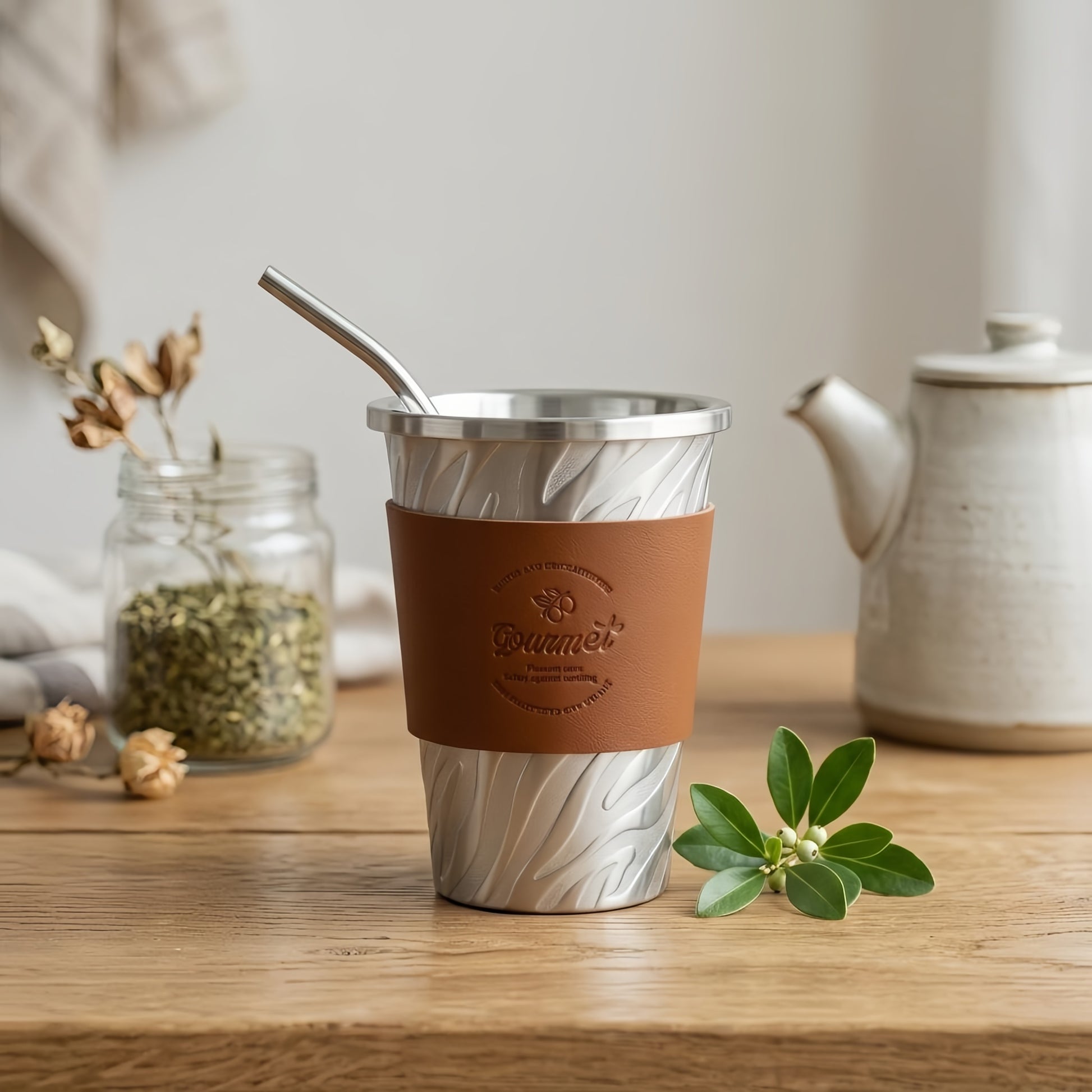 Embossed texture and leather sleeve detail on the stainless steel tumbler