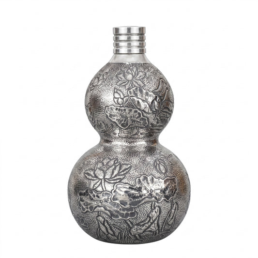 925 Sterling Silver Handcrafted Silver Gourd Vase with Intricate Engraved Lotus Patterns and Wooden Stand - Handicraft