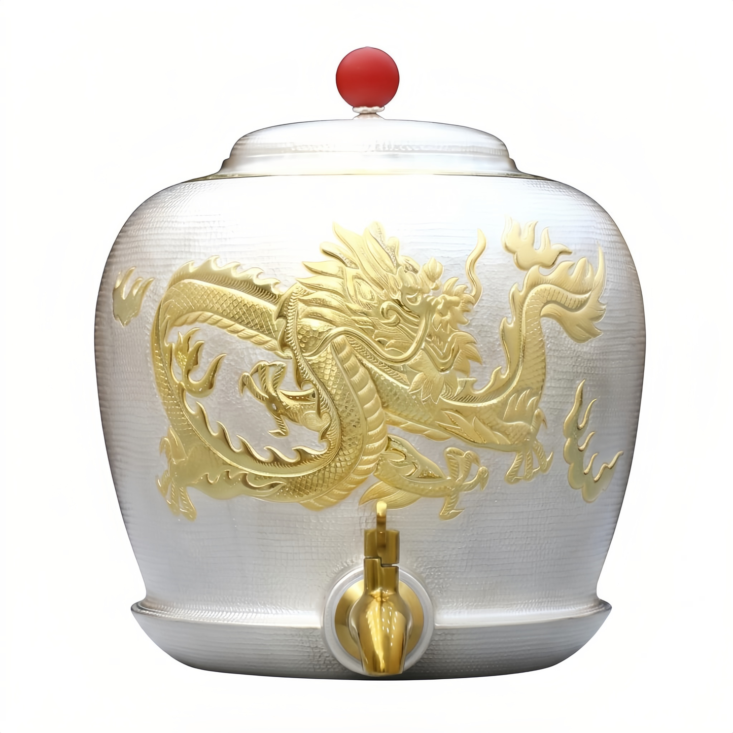 Silver-tone dragon beverage urn with gilded relief, red finial and pour tap