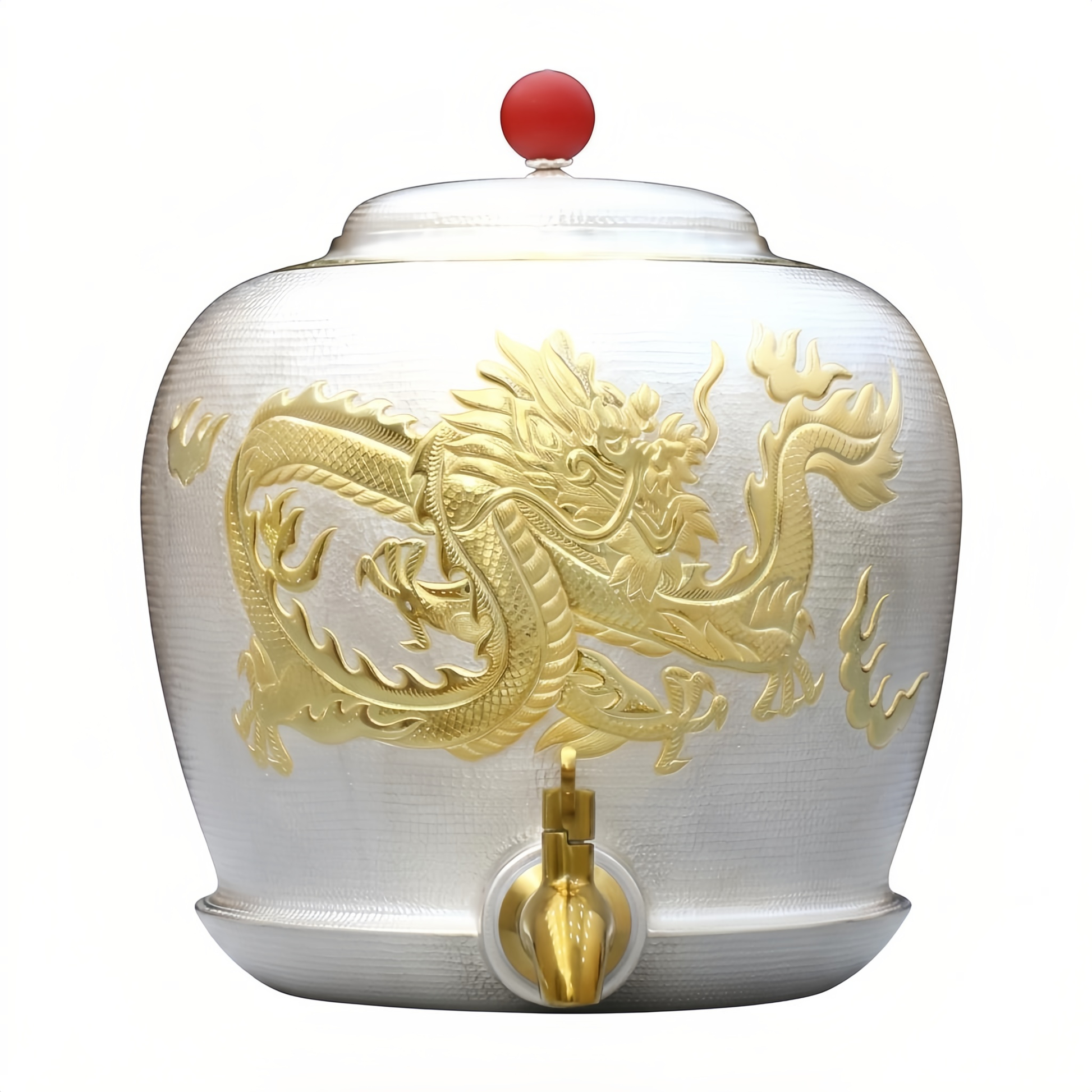 Silver-tone dragon beverage urn with gilded relief, red finial and pour tap