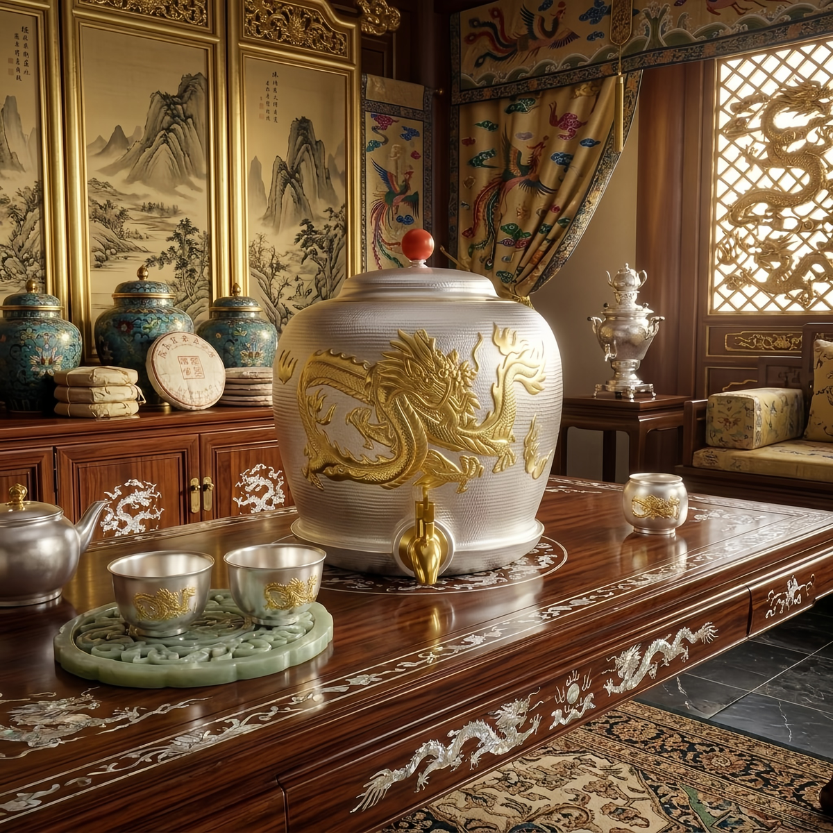 Gilded embossed dragon motif on the hammered silver-tone beverage urn