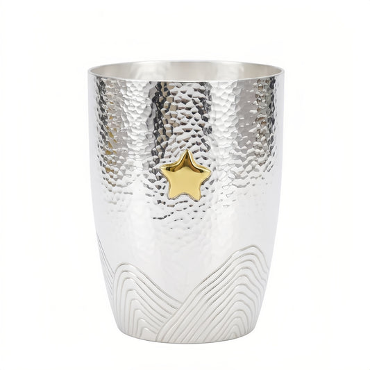 999 fine silver hammered tumbler with polished star motif and etched mountain base